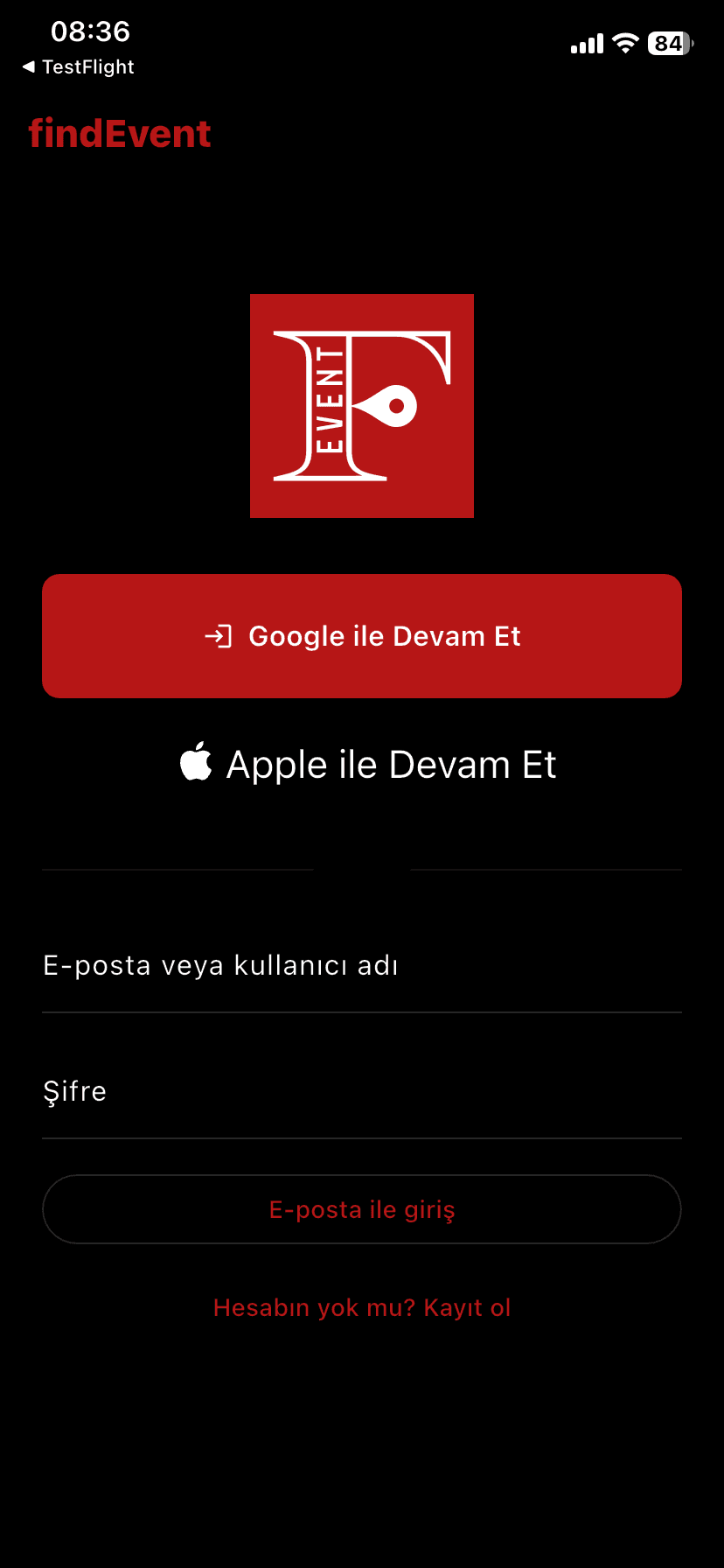 findEvent Giriş Ekranı